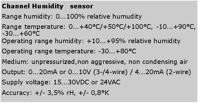 eLXg {bNX: Channel Humidity@sensorRange humidity: 0...100% relative humudityRange temperature: 0...+40C/+50C/+100C, -10...+90C, -30...+60COperating range humidity: +10...+95% relative humidityOperating range temperature: -30...+80CMedium: unpressurized,non aggressive, non condensing airOutput: 0...20mA or 0...10V (3-/4-wire) / 4...20mA (2-wire)Supply voltage: 15...30VDC or 24VACAccuracy: +/- 3,5% rH, +/- 0,8K